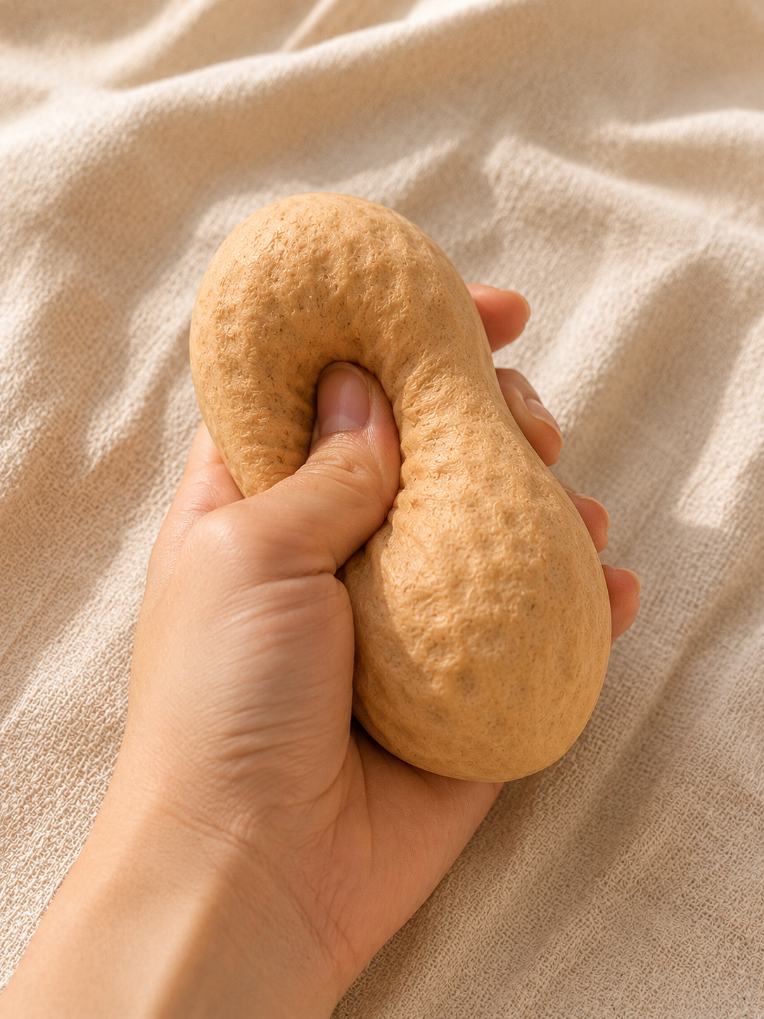 Hand holding a large pumpkin against a beige fabric background