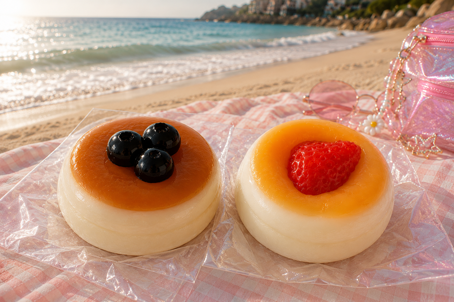 Two desserts on a beach with ocean and sand in the background