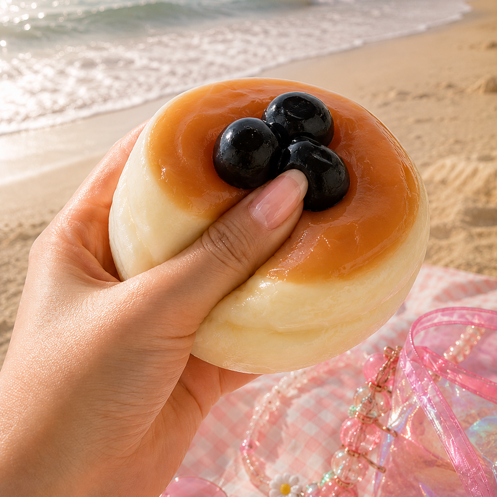 Hand holding a dessert with blackberries on a beach